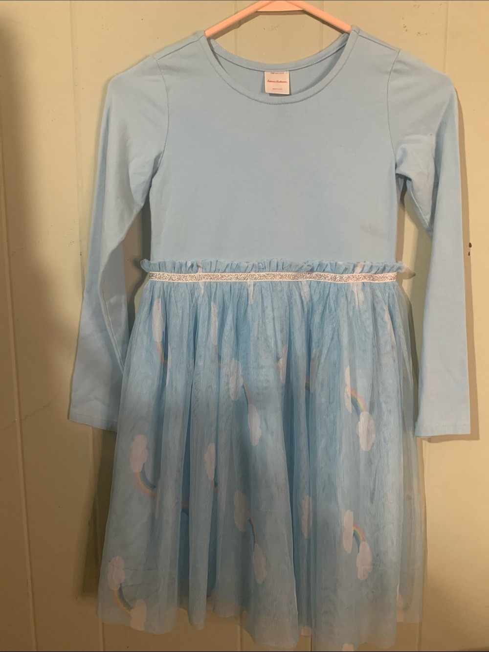 Hanna Andersson Sky Blue Long-Sleeve Tulle Dress with Cloud & Rainbow Accents
